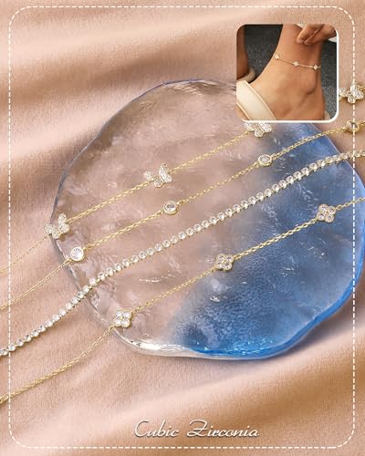 RLMOON Gold Silver Anklets for Women CZ Ankle Bracelet 14K Gold Plated Waterproof Layered Stackable Clover Butterfly Tennis Chain Anklet Trendy Summer Beach Foot Jewelry - color: B:Clover Anklet-Gold