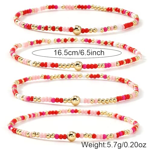 Boho 4Pcs Stack Colorful Small Seed Beaded Bracelets Set for Women, Cute Handmade Dainty Trendy Gold Plated Stretch Accessories Thin Glass Jewelry, Summer Daily Party Friendship Gift - color: Pink Red