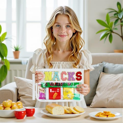 BuyCard Clear White Snack Bag for Travel, Varsity Chenille Letter Patch Flat Cosmetics Pouch with Zipper, Preppy Snacks Makeup Bags, Waterproof PVC&PU Cosmetic Toiletry Bag for Women Girls - color: White-Snacks
