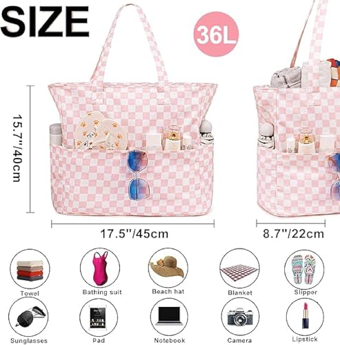 Bluboon Waterproof Beach Tote Pool Bags for Women Ladies Extra Large Carry On Bag With Wet Compartment for Weekender Travel - color: Checked Pink White