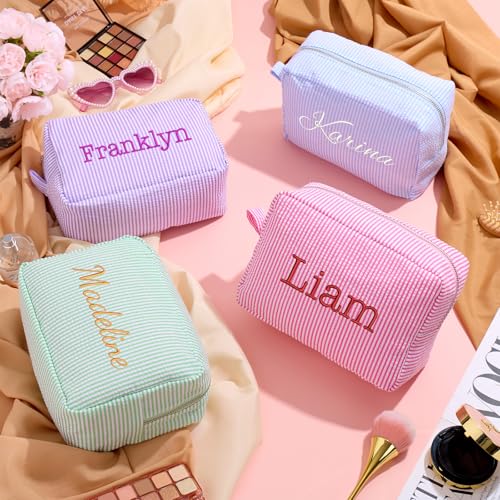 Personalized Makeup Bag Pouch with Embroidered Name for Women Girls Bride | Cute Small Seersucker Custom Monogrammed Initial Cosmetic Toiletry Bag with Zip for Travel Bridesmaid