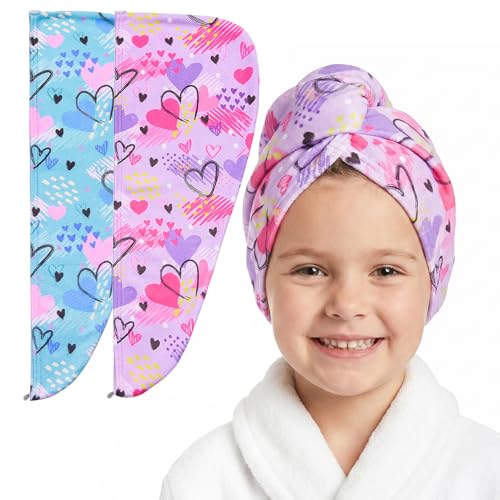 Basumee Microfiber Hair Towel Wrap for Kids 2 Pack Rapid Drying Hair Towel with Button Hair Turbans for Wet Hair Wraps Head Towel Wrap for Women and Girls, Blue and Purple Love - color: Blue and Purple Love