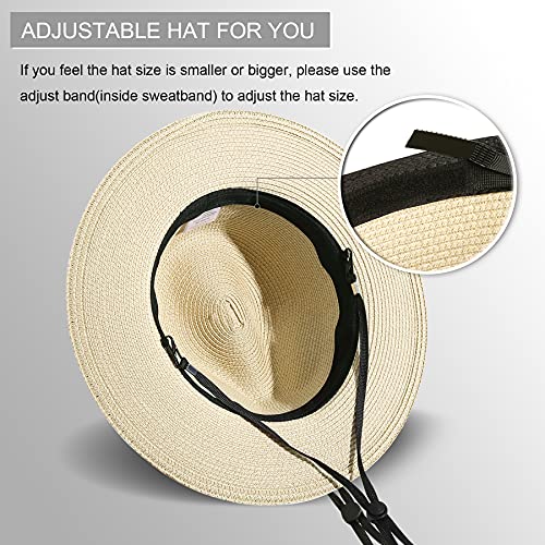 Lanzom Women Wide Brim Straw Panama Roll up Hat Fedora Beach Sun Hat UPF50+ - color: 01-fold Belt Khaki, size: Large-X-Large