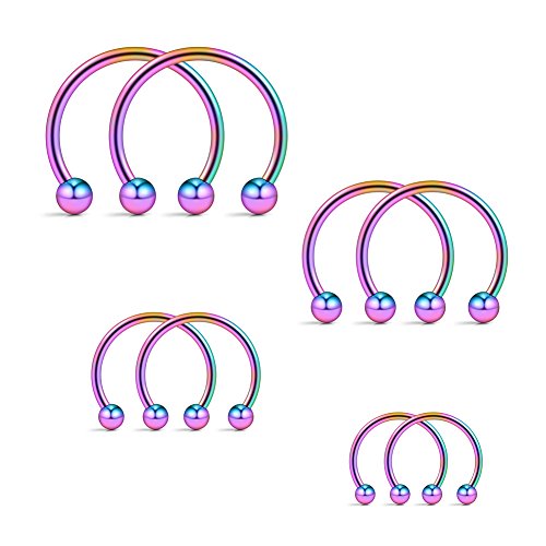 Ruifan 16G Surgical Steel CBR Nose Septum Horseshoe Earring Eyebrow Tongue Lip Nipple Helix Tragus Piercing Ring 6-16mm - color: Rainbow