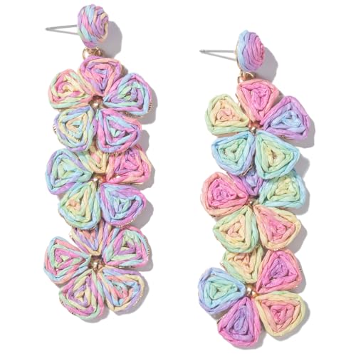Boho Flower Earrings Statement Raffia Dangle Earrings Cute Floral Jewelry Trendy Summer Beach Vacation Outfits for Women - color: Colorful-2