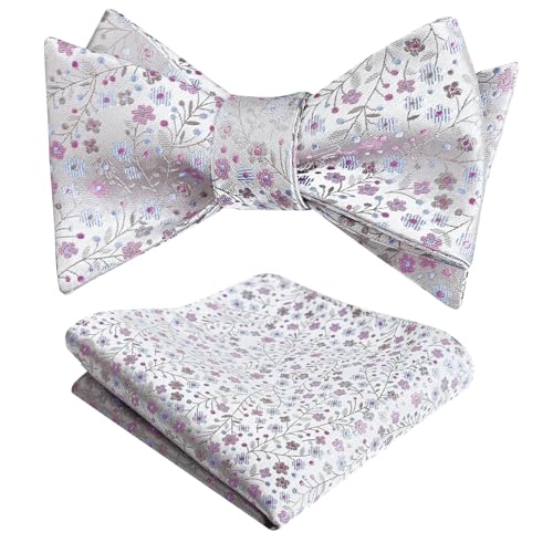 Alizeal Mens 2pcs Classic Floral Pattern Self-tied Bow Tie and Handkerchief Set - color: 045-gray+lavender
