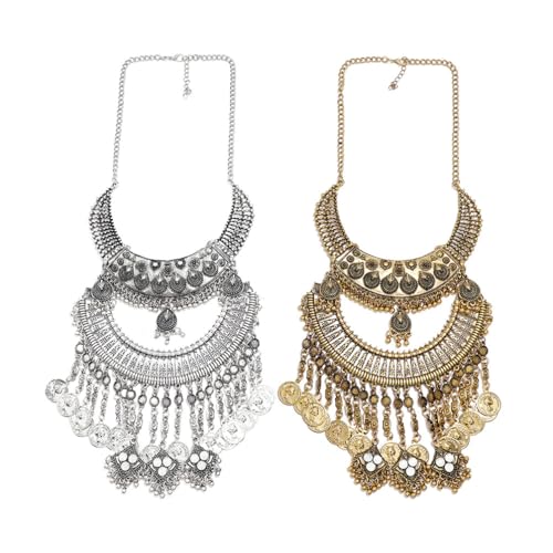 Vintage Engraved Bib Statement Necklace for Women Chunky Bohemian Ethnic Gypsy Choker Necklaces Jewelry