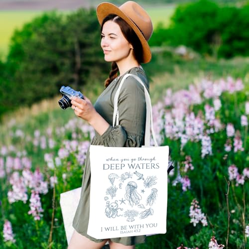 Floral Beach Whale Shark Gifts Jellyfish Christian Canvas Tote Bag for Work Totes for Women Christmas Bible - color: Deepwatersisaiah 182