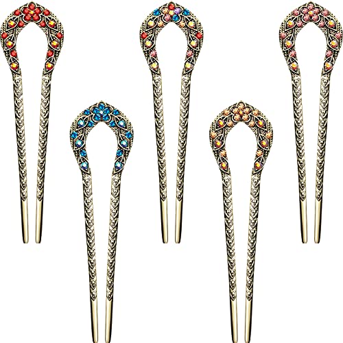Waydress 5 Pcs Vintage Hair Fork French Hair Pin for Buns Metal Chignon Pin Chopsticks Crystal Rhinestone Double Prong Hairpin Stick U Shaped Bun Accessories for Women(Elegant Pattern)