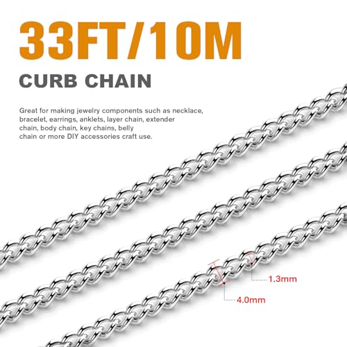 33FT Stainless Steel Curb Chain Roll, 4mm 304 Stainless Steel Flat Twisted Links Curb Chains Bulk Spool for Jewelry Making Necklace DIY Craft - color: Stainless Steel, size: 4.0mm width