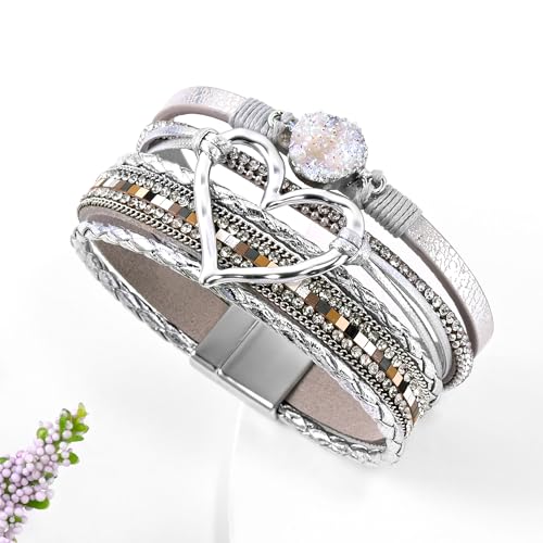 VIBILIA Boho Leather Wrap Bracelets for Women Multi-Layer Bracelets with Strong Clasp Jewelry for Women - color: 01-Heart-Silver