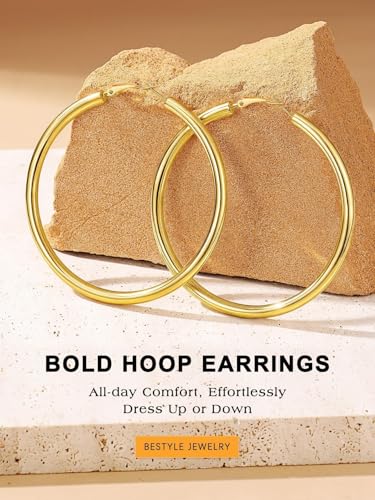 Bestyle 5mm Thick Gold Hoop Earrings Hypoallergenic Hoops for Sensitive Ears Trendy Lightweight Chunky Earrings for Women 30/40/60/80mm - color: 01-Gold, size: 80mm