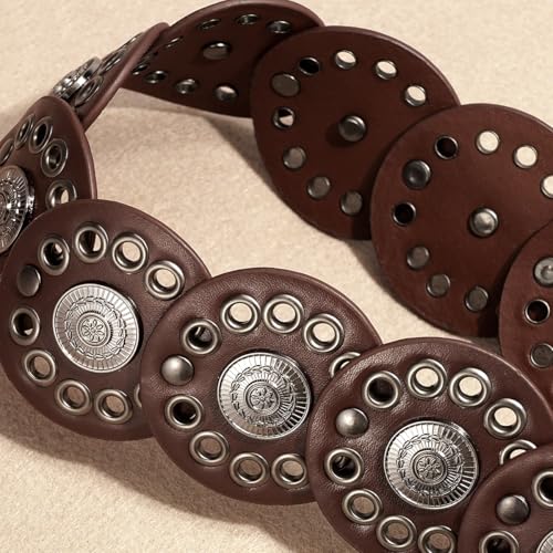 Women Western Disc Belt Boho Disk Concho Leather Belts Adjustable Knot Tie Waist Belts for Dresses - color: Brown