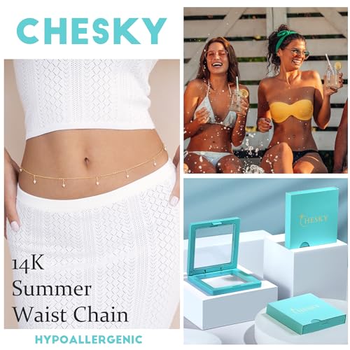 CHESKY 14K Gold Plated Silver Plated Waist Chain for Women, Layered Belly Belt Chains Beach Waist Beads Chain Waterproof Snake Cuban Body Chain Summer Jewelry Accessories for Women - style: pearl-gd