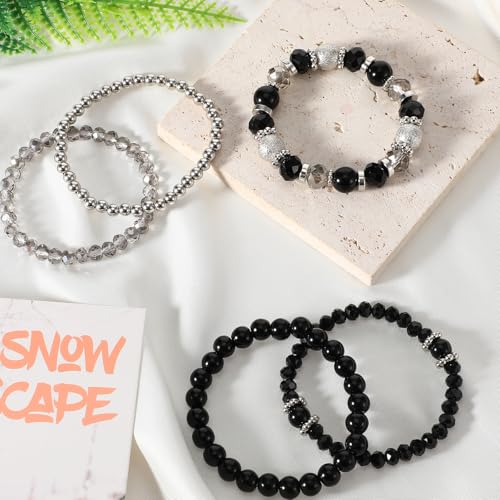 5PCS Beaded Stretch Bracelet Stackable Stylish Beaded Bracelets for Women Crystal Bead Boho Stretch Layering Stone Bracelets Trendy Costume Jewelry Gift Multilayered Disco Ball Faceted Bracelet - color: Black, Silver