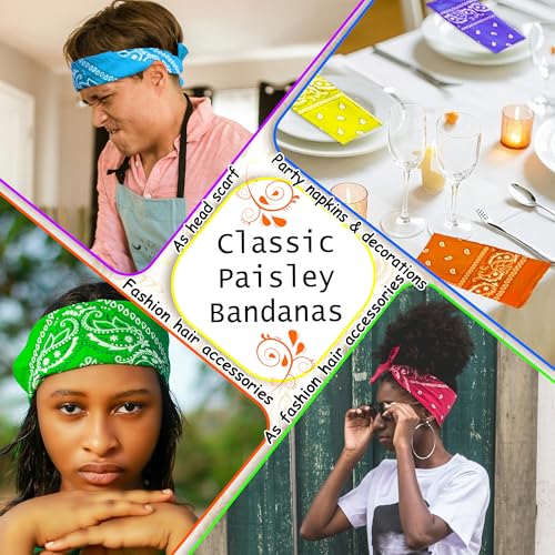 ILHSTY 60 Pcs Women Men Paisley Bandanas Bulk Unisex Bandanas Head Cowboy Scarf Necktie handkerchief Party Supplies - color: Neon