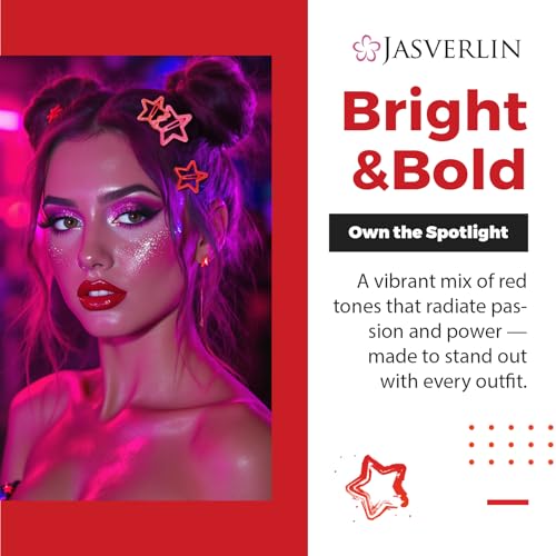 JASVERLIN 36 Pcs Red Star Hair Clips Accessories for Women Girls, Y2k Kawaii Thin Thick Cute Colorful Metal Snap Barrettes for Rave Glitter Hairclips Mixed Sizes - color: Red
