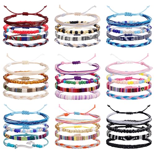 36Pcs Boho Surfer Bracelets Anklets for Women Men Adjustable String Rope Anklets Handmade Beach Colorful Bracelets Anklets Friendship Braided Bracelet Waterproof