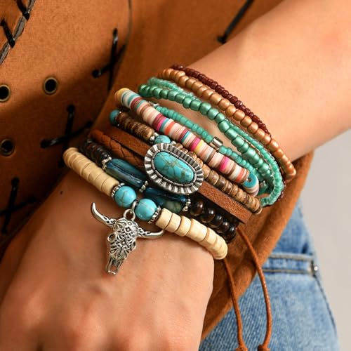 Long tiantian Western Turquoise Beaded Bracelet Set for Women Stackable Cowgirl Bracelets Boho Concho Jewelry Country Concert Rodeo Outfit Accessories Gifts - color: F2:western wooden dress