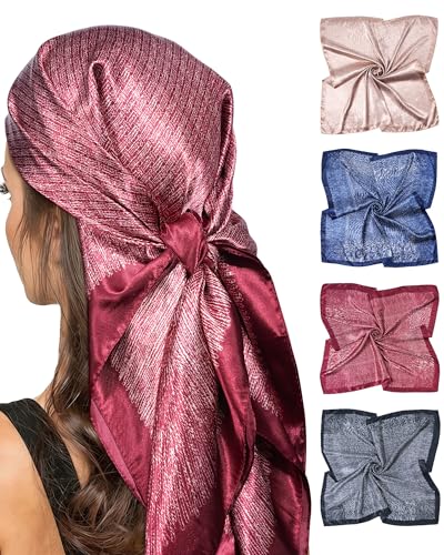 Molans 35" Silk Satin Square Head scarves - 4Pcs Large Scarfs Hair Bandana Head Kerchief Neck Scarf Sleeping Wraps for Women - color: Red, Camel, Black, Navy Blue