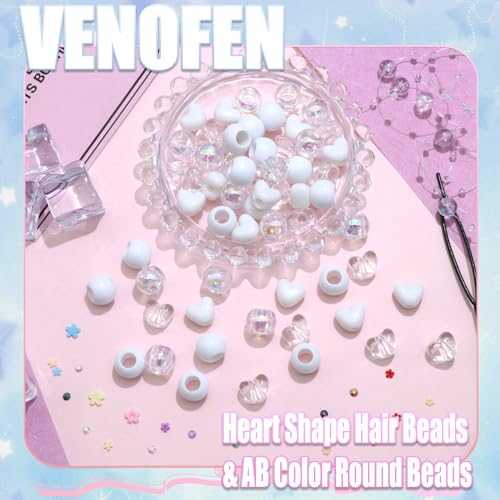 60PCS White Clear Heart Hair Beads for Braids Loc Dreadlock AB Color Round Bead Accessories Cute Acrylic Pony Beads Valentine's Day Decor for Kids Girls - color: White&Clear