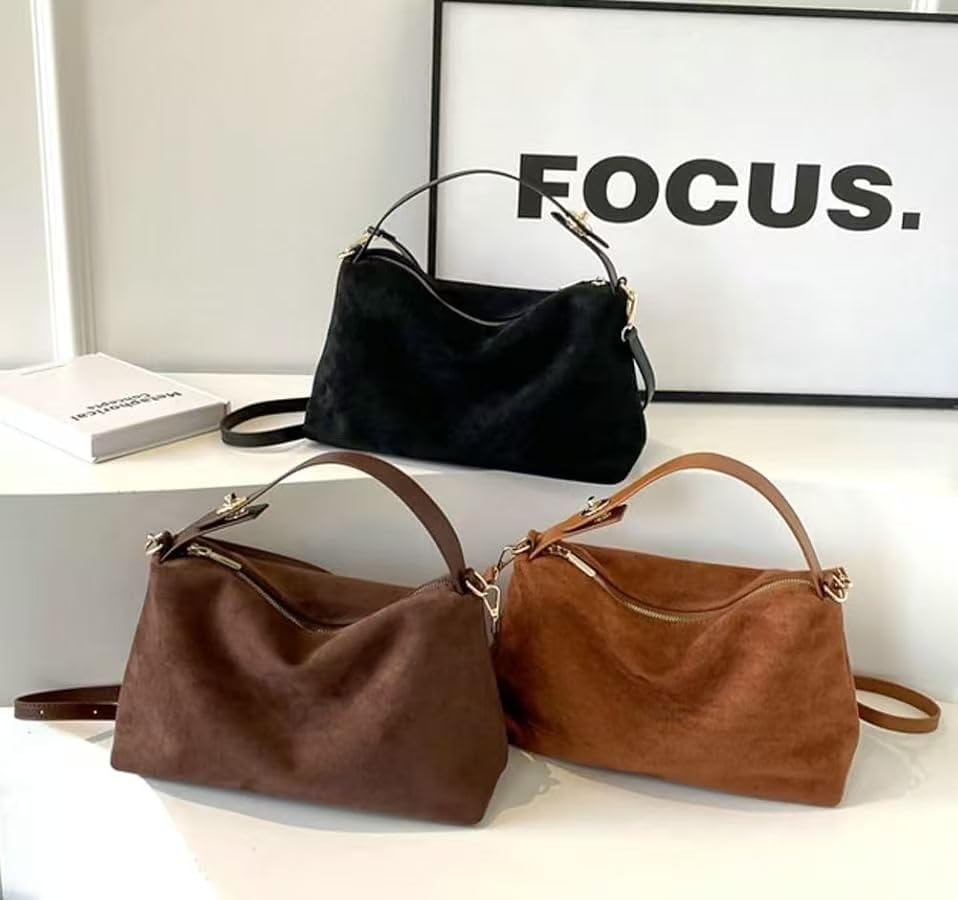 Women Slouchy Suede Satchels Shoulder Bag Faux Suede Hobo Bags Crossbody Phone Purse Top-Handle Tote Handbag Purse - color: Coffee