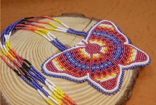 Handmade Native American Style Tribal ethnic Seed Bead Beaded Layered Medallion Necklace #1 - color: Brownish Red Butterfly