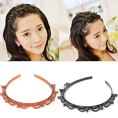 Double Layer Twist Plait Black Headband Hair Tools, Double Bangs Hairstyle Hairpin, Multi-Layer Hollow Woven Headbands, Hairband with Alligator Clip (Black) - color: Black