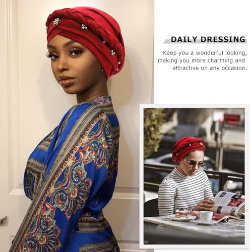 African Women Turban Caps Pre-Tied Twisted Turbans Head Scarf for Women Hair Wraps Cover Beanie Cancer Chemo Headwear - color: 1 Pack Twisted Braid: Gold Bead Burgundy