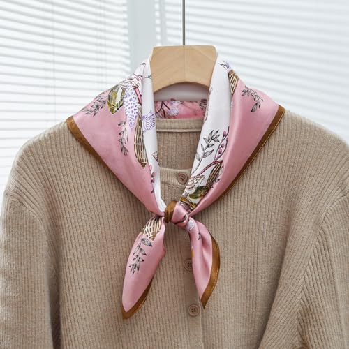 100% Mulberry Silk Neck Scarf 21''x21'' Small Square Hair Scarf for Women Men Lightweight Bandana Envelope Package - color: Shell Flower- Pink