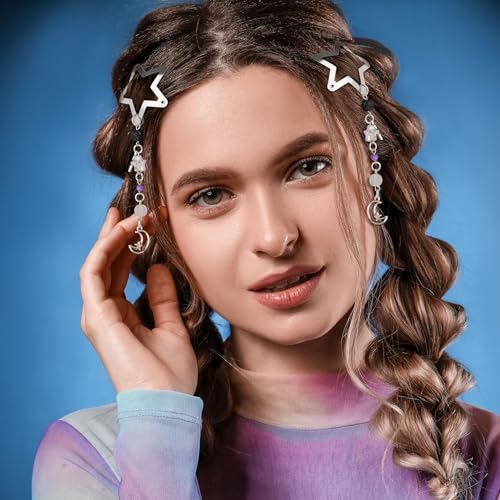 Pndeyo 2pcs Star Tassels Hair Clips for Women, Non-Slip 2000s Y2k Snap Barrettes, Cute Moon Beaded Pendant Pin Accessories for Braid Long Short Thin Thick Hair - Silver - color: Silver-A1 Style