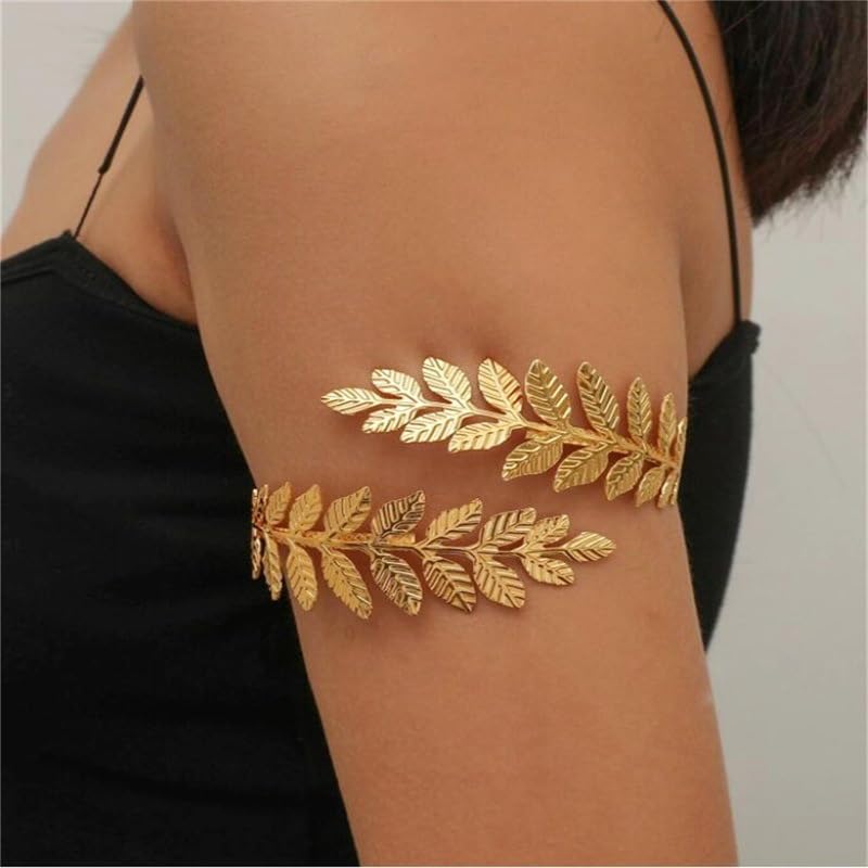 Arm Cuff Layered Bracelet Adjustable Leaf Flower Starfish Upper Arm Cuff Bangle Jewelry Gold Plated Bracelet Ring Set for Women Boho Summer Beach Essentials - color: Gold-Leaf