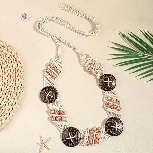 TeeYee Women's Waist Belt Adjustable Boho Style Handwoven Bohemia Tassel Rope Tie with Wooden Beads Braided Chain for Dress - color: 285white