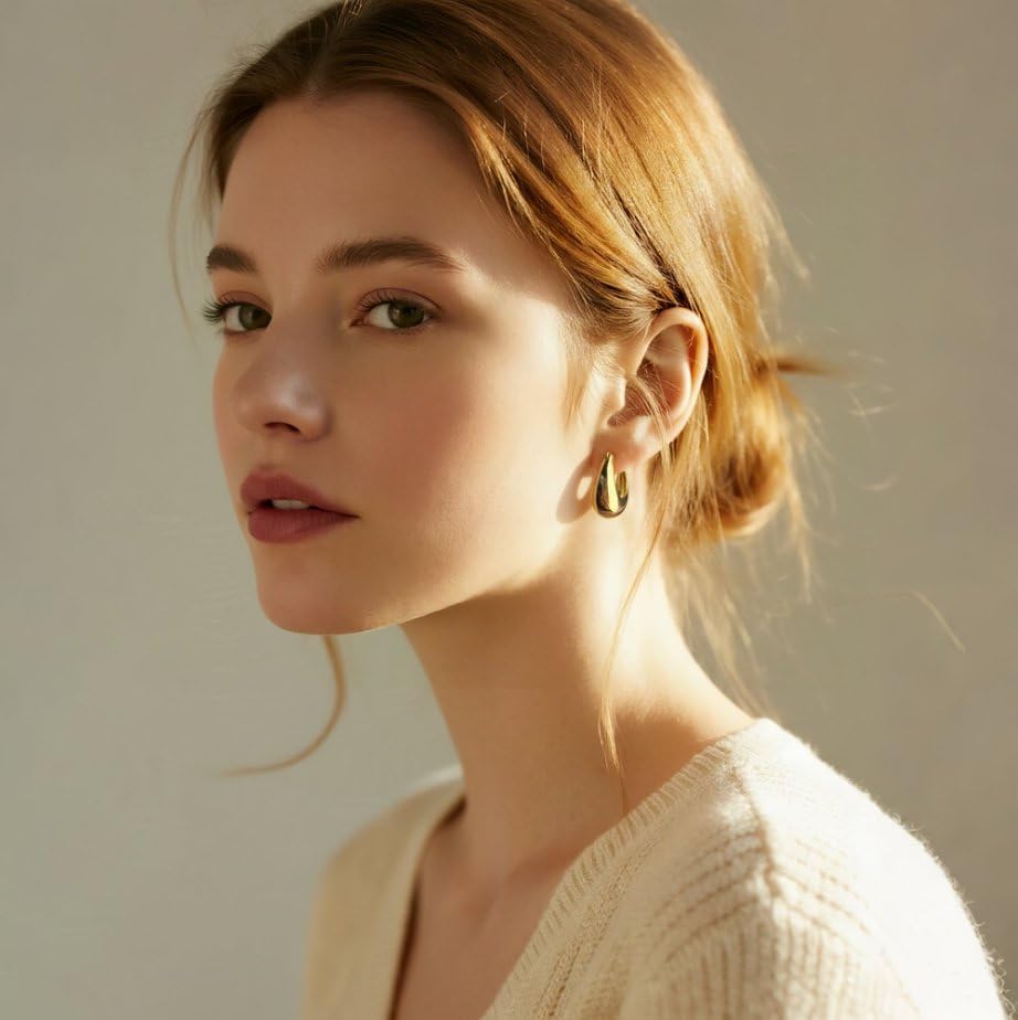 14K Gold Chunky Hoop Earrings for Women, Vintage Textured Huggie Sleeper Earrings, Lightweight Hypoallergenic Statement Earrings for Sensitive Ears