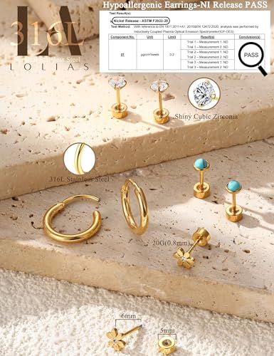 LOLIAS 21Pairs Surgical Steel Flat Back Earrings Hypoallergenic 20G Screw Back Nap Stack Cartilage Earring Stacks - color: 14K Gold-plated