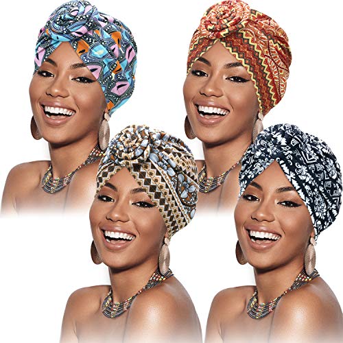 SATINIOR 4 Pieces African Pattern Headwrap Pre-Tied Bonnet Turban Knot Beanie Cap Headwrap Hat - style: Plaid Striped Style