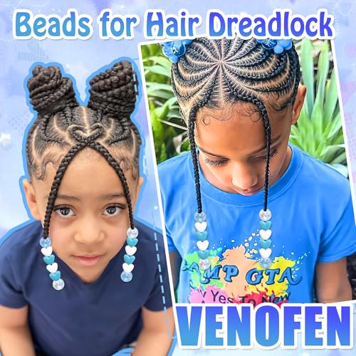 60PCS Heart Hair Beads Blue White AB Round Bead Loc Jewelry Accessories Lovely Acrylic Pony Dreadlock Beads for Kids Girls - color: Blue&White