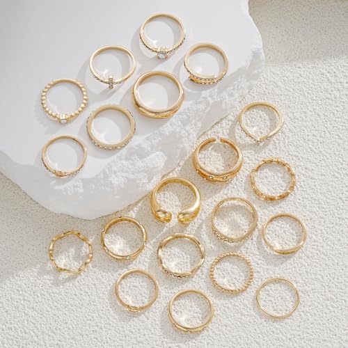 FAXHION 25 PCS Gold Stackable Rings Set for Women, Simple Twist Knuckle Finger Ring Trendy, Dainty Stacking Statement Thumb Rings Pack Jewelry Gift - color: Gold-Zircon