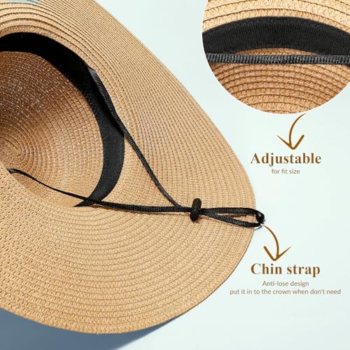 Womens Beach Sun Straw Hat with Straw Belt UV UPF 80+ Travel Foldable Brim Summer UV Hat Stretch Boho Belt for Dress - color: Khaki, size: X-Small