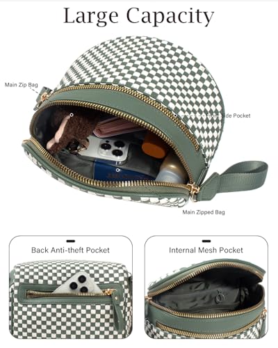 Valentoria Large Woven Leather Crossbody Bags for Women Checkered Bum Bag Sling Bag Purse Adjustable Strap Detachable Wallet | Woven - color: Green&white Checkered