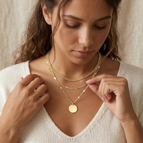 WomenGifts Layered Gold Necklaces for Women, 14K Gold Sterling Silver Plated Dainty Pendant Necklace Set Non Tarnish, Chunky Stackable Cuban Chain Choker, Trendy Birthstone Vacation Jewelry Gift - color: Gold, style: Mirror Coin