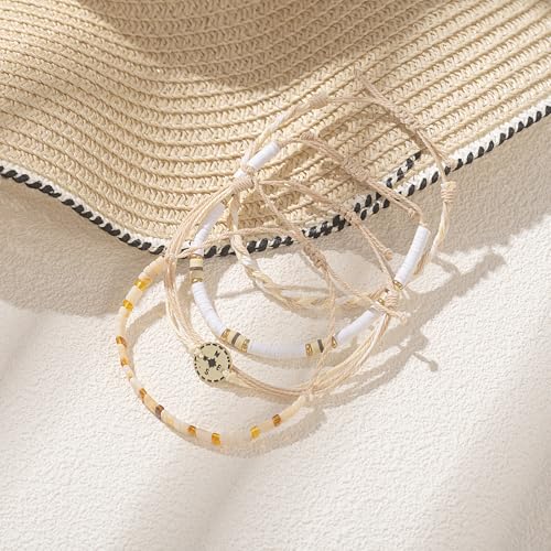 FANCY SHINY Boho Nautical Compass String Bracelets Beaded Clay Beads Bracelet Stackable Friendship Bracelets Summer Beach Outfits for Women Girls - color: Wheat