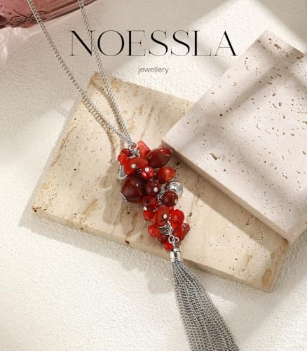 Noessla Boho Long Pendant Necklaces for Women Silver Tassel Long Necklace Sweater Chain Mothers Day Gifts Silver Costume Jewelry for Women - color: Red