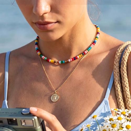 Boho Beaded Choker Necklace Colorful Short Necklaces Summer Beach Necklaces Jewelry for Women - color: Colorful bead-1