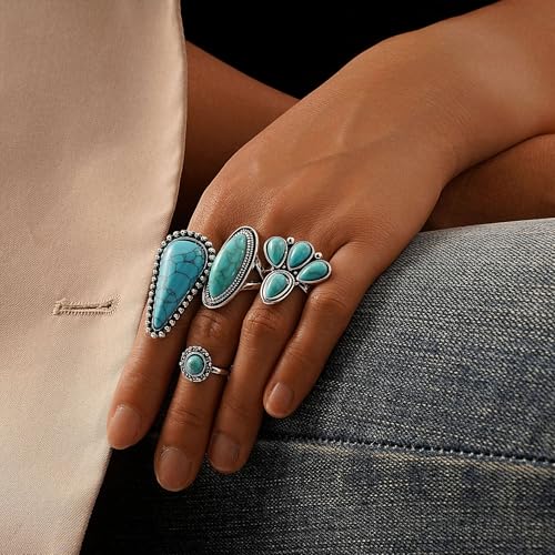 Bohemian Turquoise Ring for Women Stackable Vintage Chunky Boho Turquoise Ring Set Dainty Open Gemstone Knuckle Midi Finger Rings Western Statement Rings Jewelry - style: four