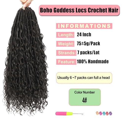 Goddess Locs Crochet Hair 7 Packs Bohemian Faux Locs Pre-Looped Braids, Boho Goddess Soft Locs Crochet Hair with Curly Ends Hair Extensions for Women (4#, 24 Inch) - color: 4#, size: 24 Inch