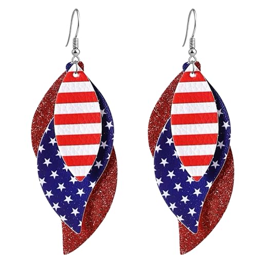 ANXIN boho unique Leather Earrings 2 Layered Lightweight Faux Leather Leaf Earrings Layered Design Drop Earrings Gift for Women - color: Red White Blue