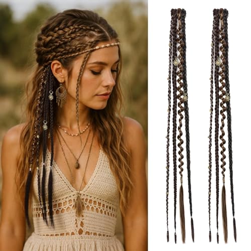 REECHO Clip in Braid Hair Extensions for Women, 20" Boho Dreadlock Clip in Braids with Beads & Charms, 2PCS Handmade Synthetic Braided Hairpieces for Cosplay Daily Styling, Dark Brown Mix - color: Dark Brown Mix, size: 20 Inch