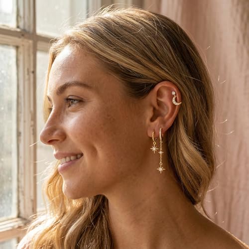 6 Pcs/6 Pairs Hypoallergenic 925 Sterling Silver Stud Post 14K Gold Earrings for Women Moon Star Hoop Stackable Cubic Zirconia Chain Dangle Earring Set Stacks for Multiple Piercings - color: Gold Moon Star