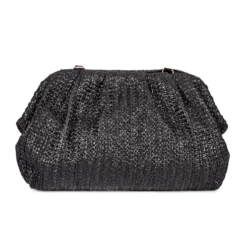 Huralona Women Straw Woven Clutch Purse Pleated Handbag for Summer Beach Vacation Straw Shoulder Crossbody Bag - color: Black